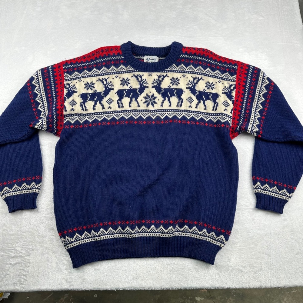 Voss Norway Men's XL Pure Wool Reindeer Fair Isle Sweater Christmas Winter Knit